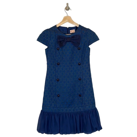 Reneevon Blue Jacquard Button Bow Bubble Ruffle Hem Dress S - Picture 1 of 8